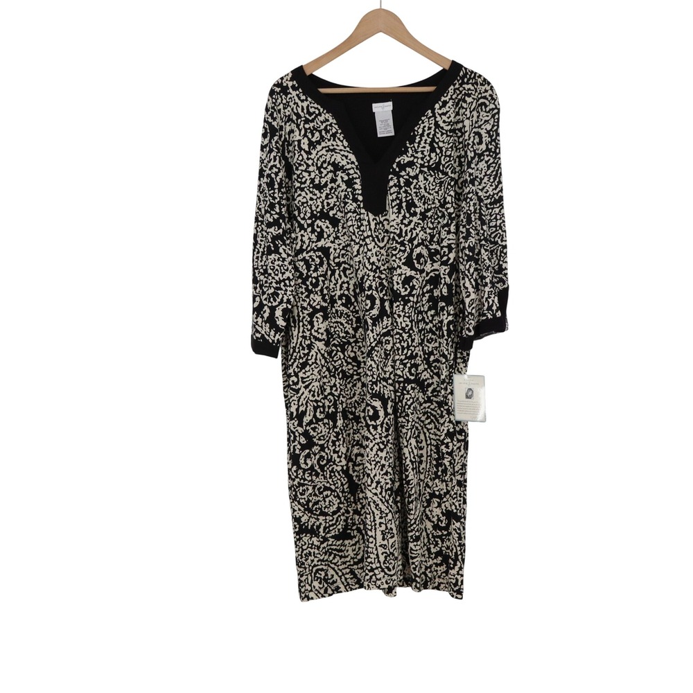 Jaclyn Smith Caftan Womens XL Black White Paisley V-Neck 3/4 Sleeve NEW